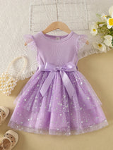 Buy SHEIN Baby Contrast Star Mesh Ruffle Trim Belted Dress in Pakistan