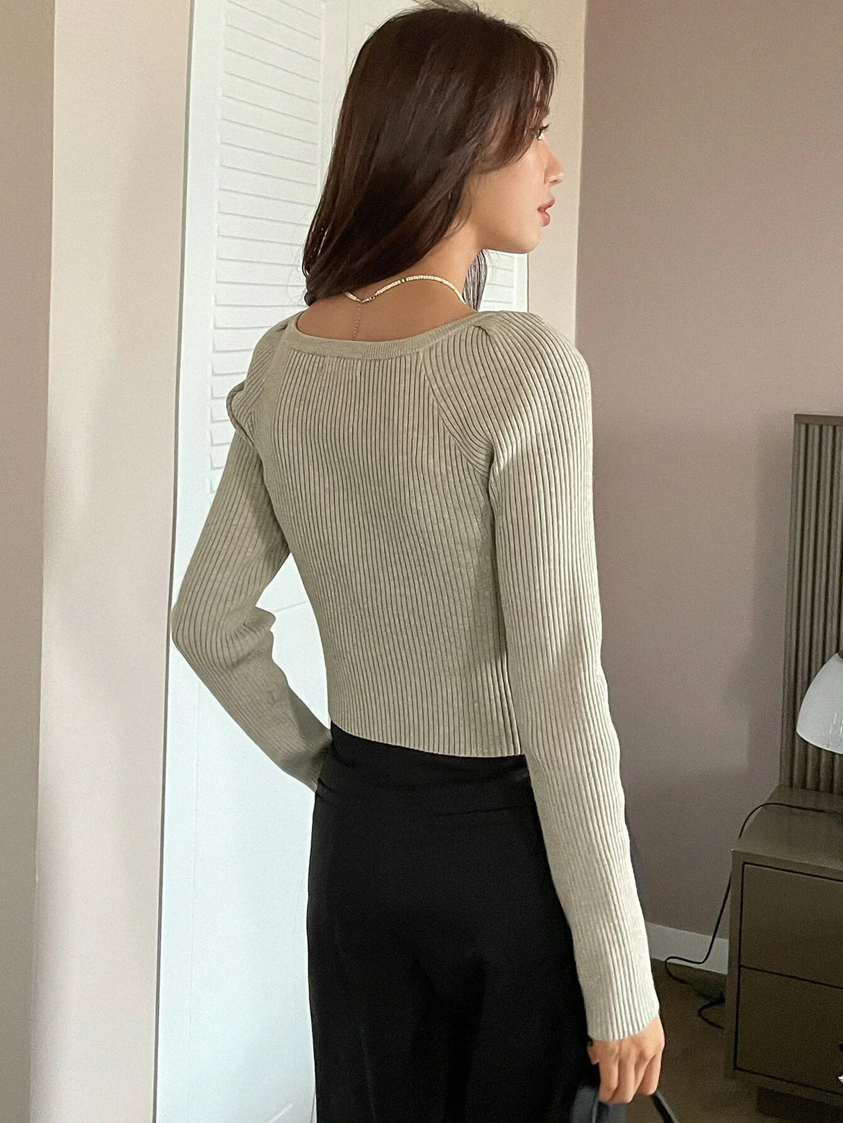 Buy Shein DAZY Rib-knit Wrap Cross Raglan Sleeve Crop Sweater in Pakistan