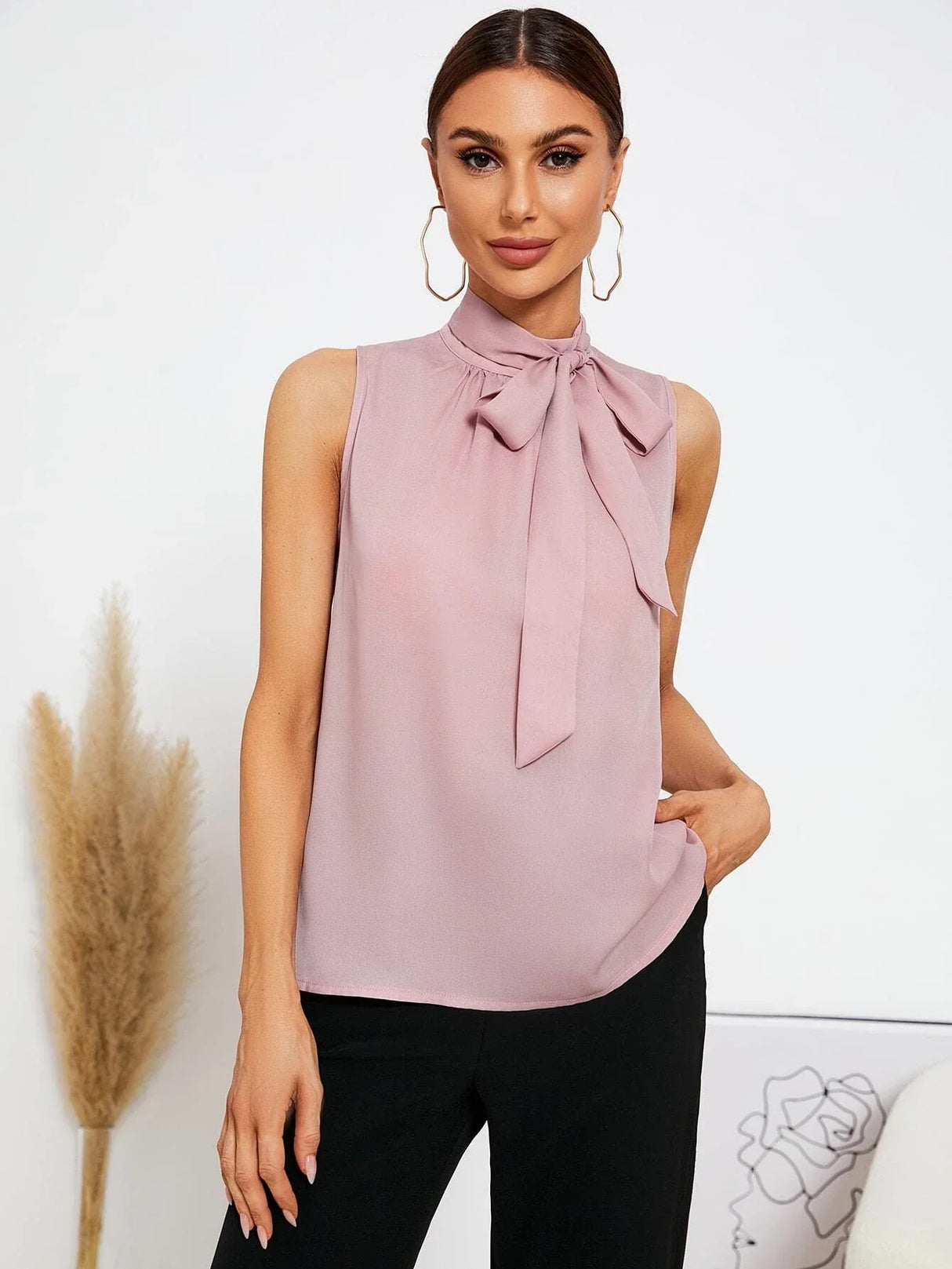 Buy Shein Emery Rose Solid Tie Neck Blouse in Pakistan