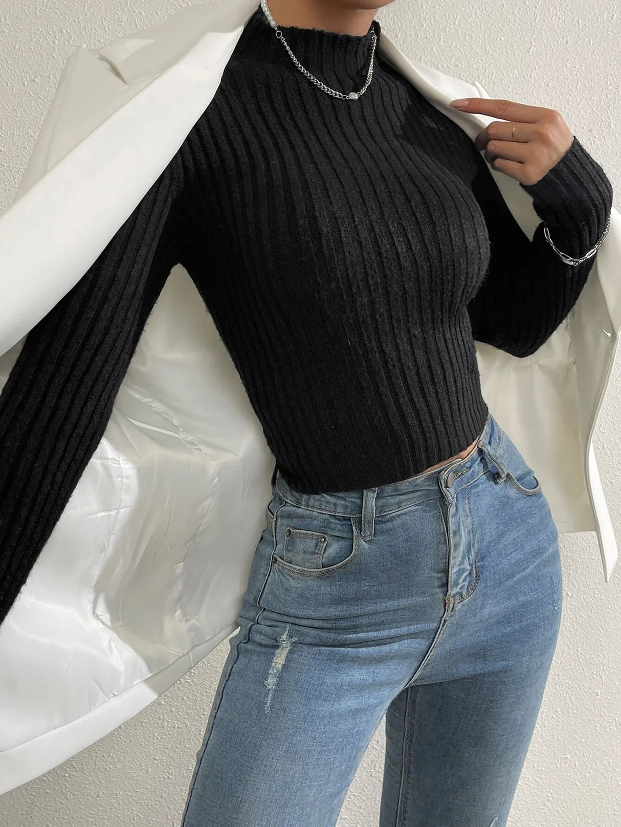 Buy SHEIN Solid Stand Collar Sweater in Pakistan