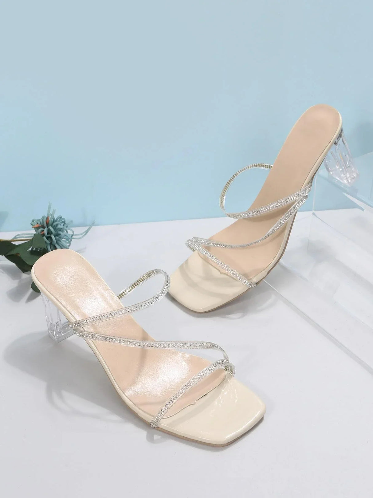 Buy SHEIN Women Rhinestone Decor Chunky Heeled Sandals, Fashion PVC Mule Sandals in Pakistan