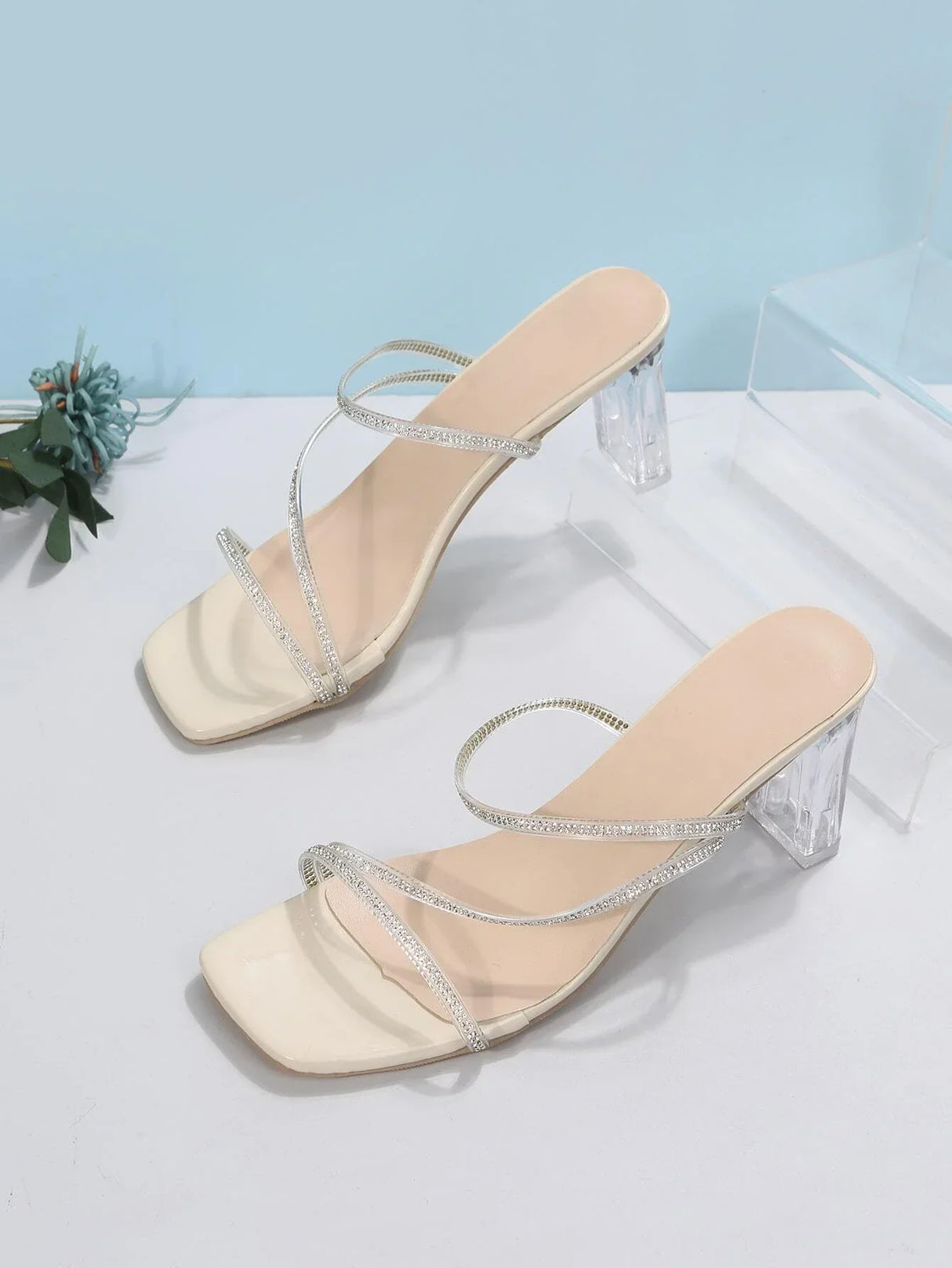 Buy SHEIN Women Rhinestone Decor Chunky Heeled Sandals, Fashion PVC Mule Sandals in Pakistan