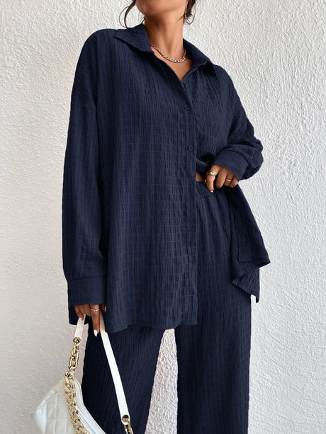 Buy Shein Solid Drop Shoulder Shirt & Wide Leg Pants in Pakistan