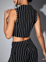 Buy Shein Icon Striped Lapel Collar Crop Waistcoat in Pakistan