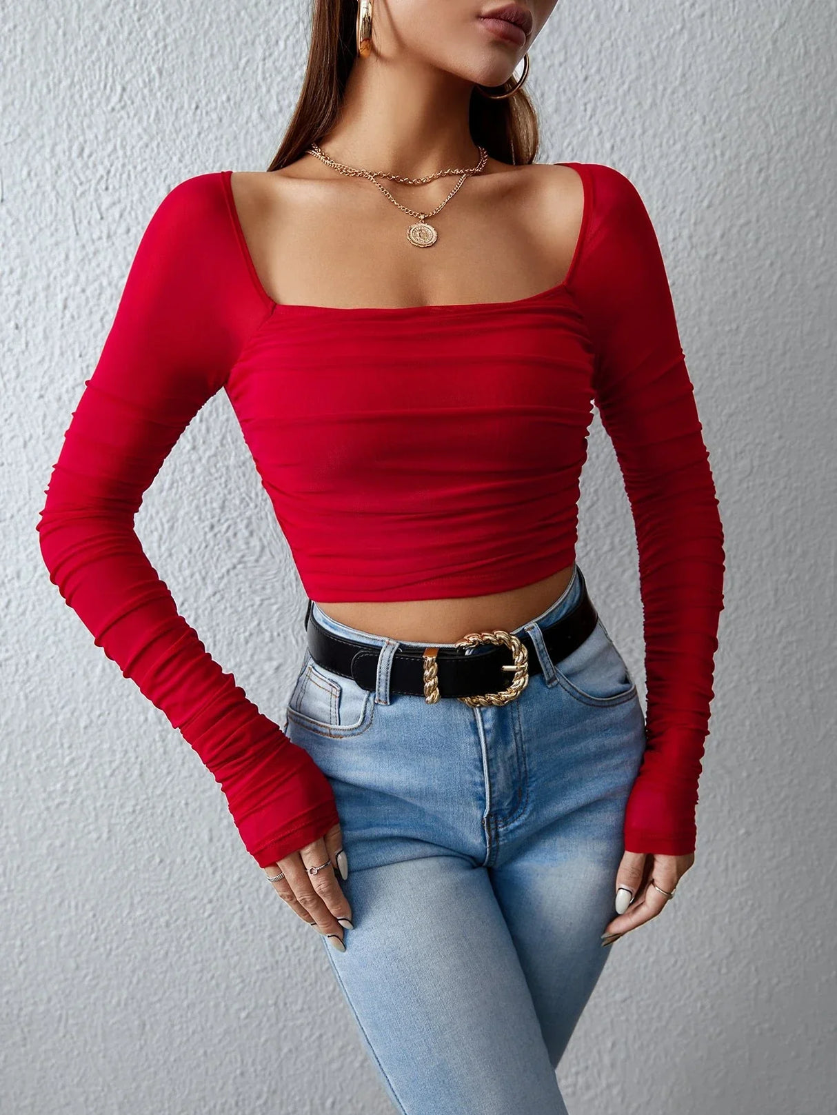 Buy SHEIN Unity Square Neck Ruched Mesh Top in Pakistan