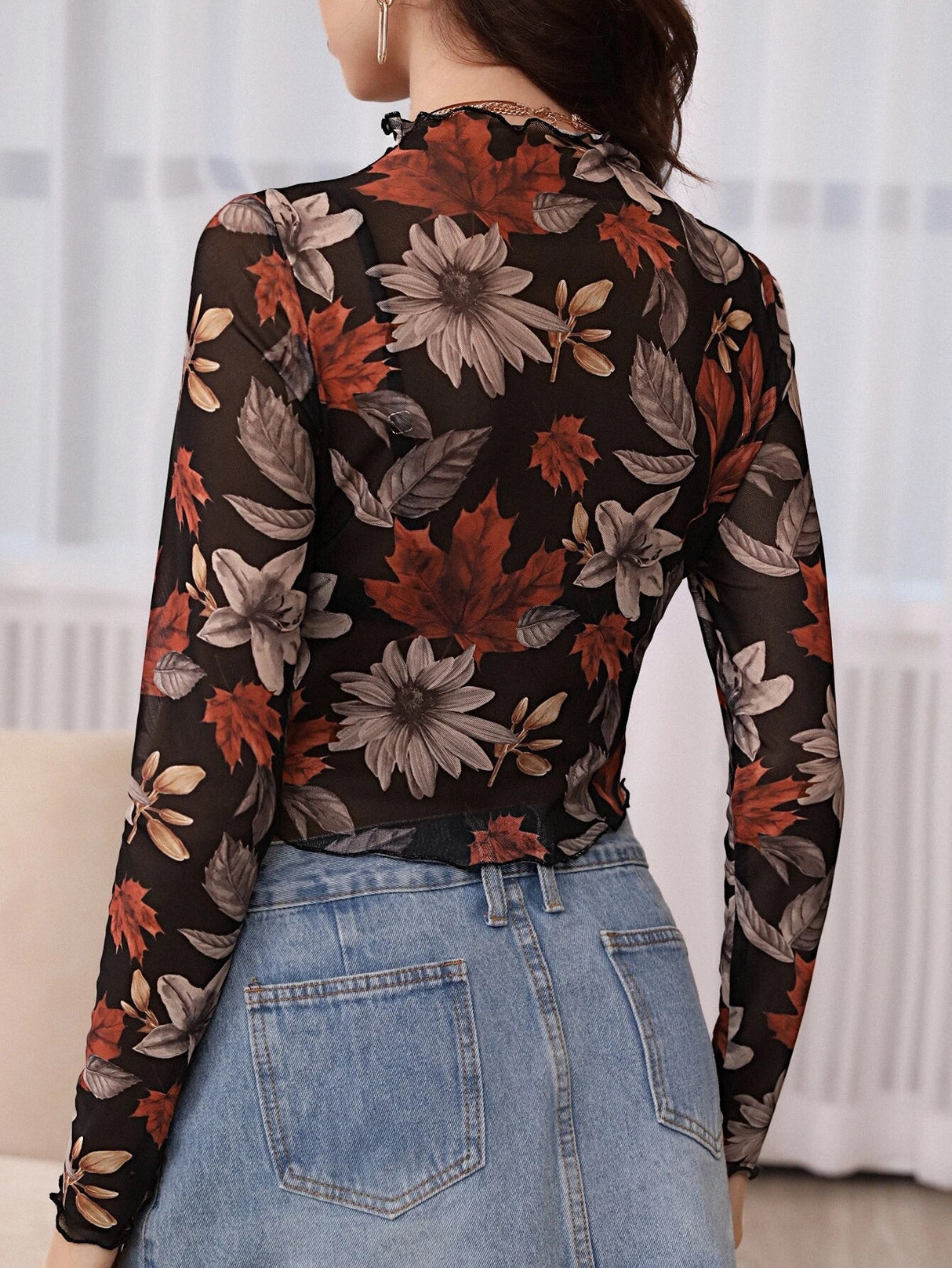 Buy SHEIN Unity Floral Print Lettuce Trim Crop Mesh Top Without Bra in Pakistan