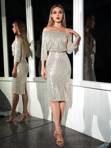 Buy Shein Off Shoulder Zip Back Split Hem Sequin Dress in Pakistan