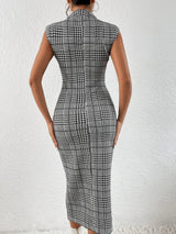 Buy SHEIN Privé Houndstooth Print Mock Neck Sleeveless Bodycon Dress in Pakistan
