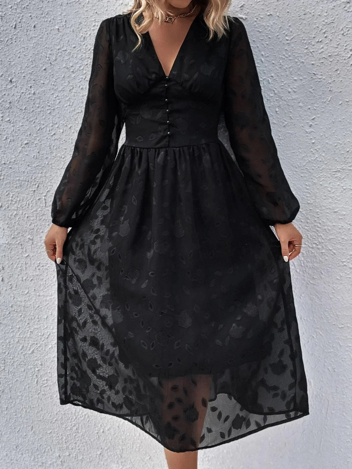Buy Shein Jacquard Lantern Sleeve Button Front Dress in Pakistan