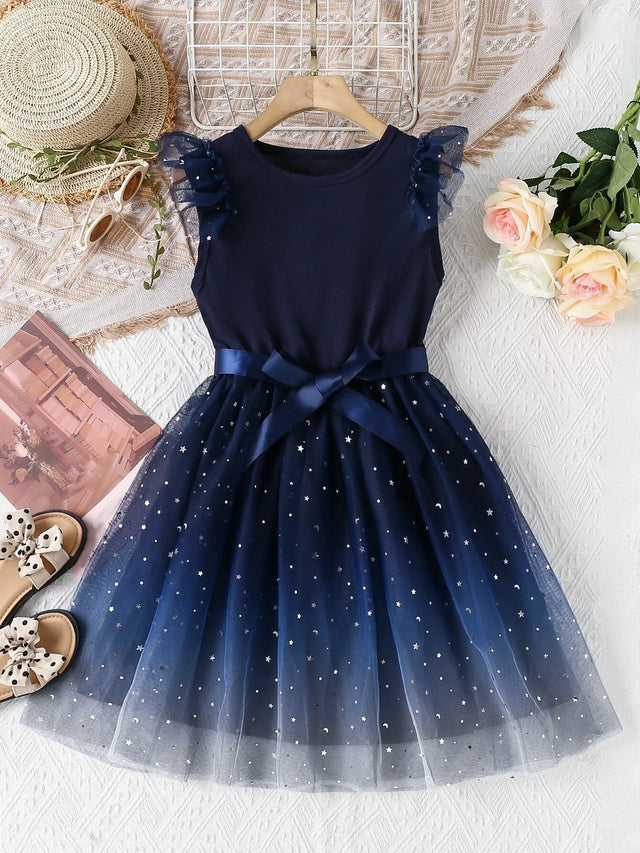Buy SHEIN Girls Star & Moon Patched Contrast Mesh Ruffle Trim Dress in Pakistan