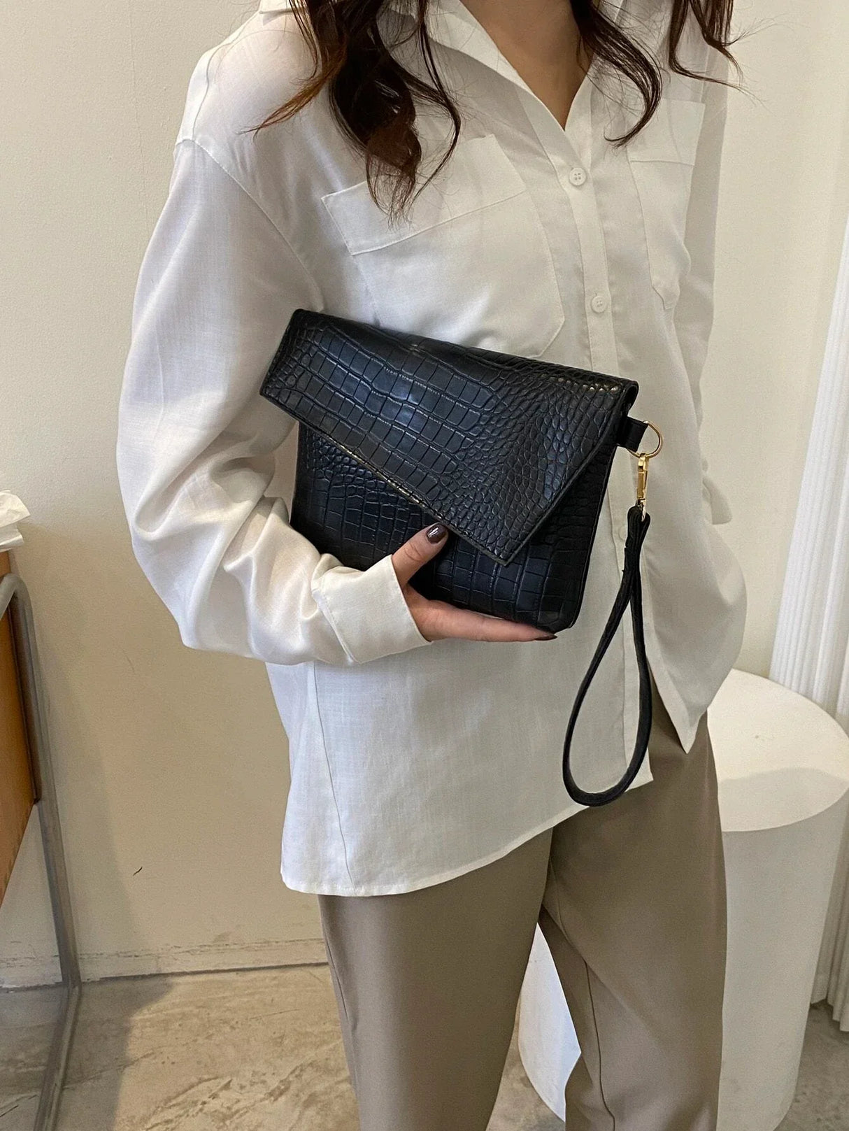 Buy Shein Crocodile Embossed Flap Square Bag With Wristlet in Pakistan