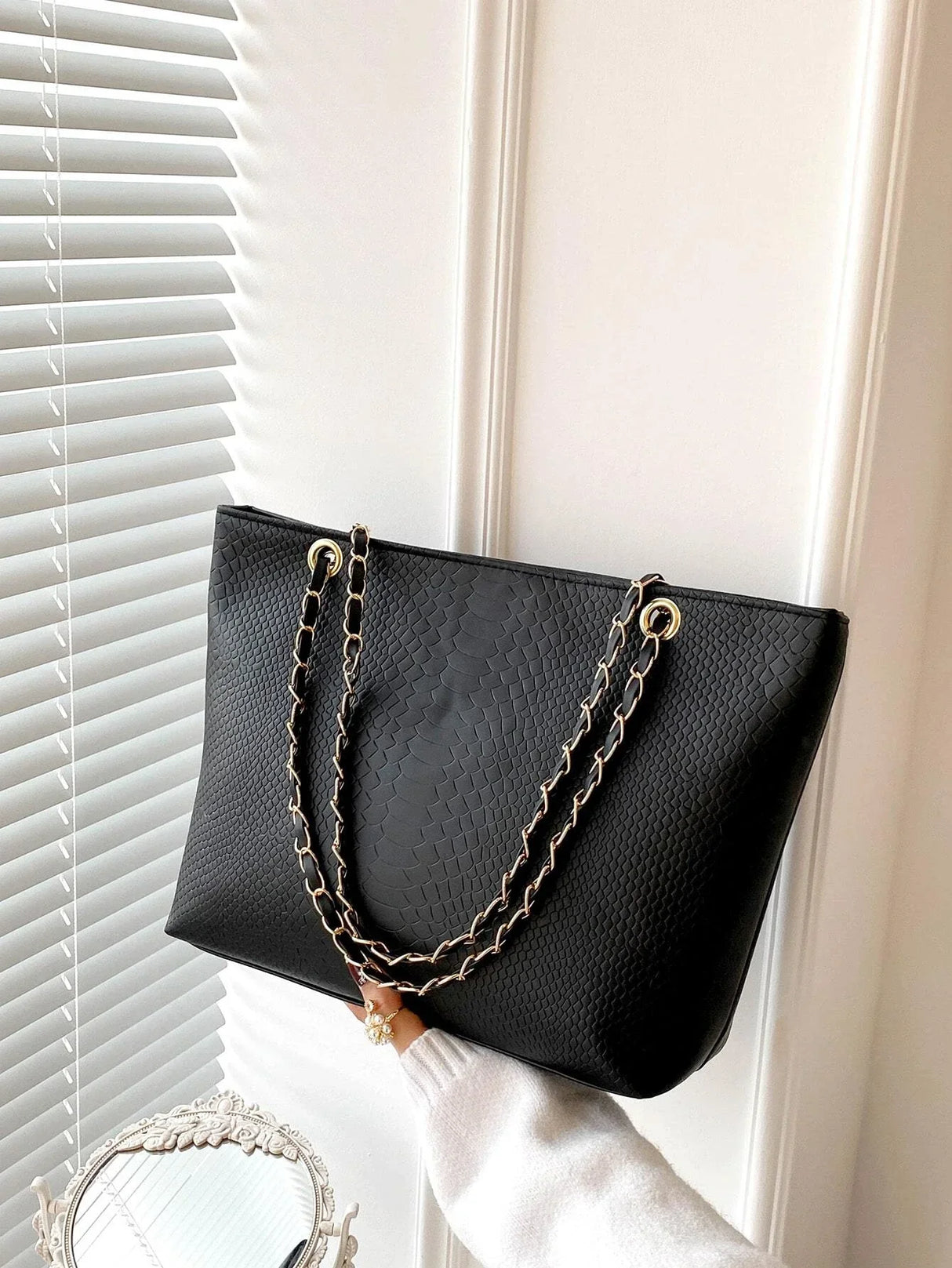Buy Shein Geometric Embossed Grommet Eyelet Shoulder Tote Bag in Pakistan