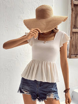 Buy Shein Vcay Square Neck Butterfly Sleeve Peplum Waffle Knit Peplum Tee in Pakistan