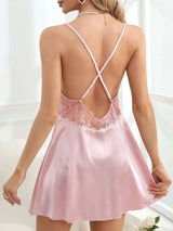 Buy SHEIN Contrast Lace Bow Front Backless Satin Cami Nightdress in Pakistan