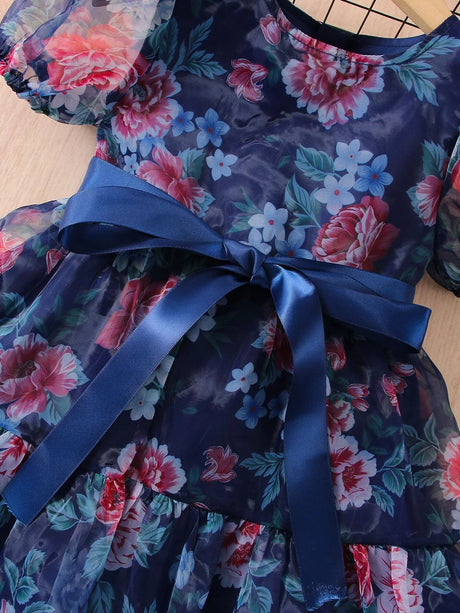 Buy SHEIN Toddler Girls Floral Print Puff Sleeve Ruffle Hem Belted Organza Dress in Pakistan