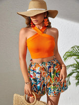 Buy SHEIN VCAY Solid Halter Top & Floral Print Paperbag Waist Belted Shorts in Pakistan