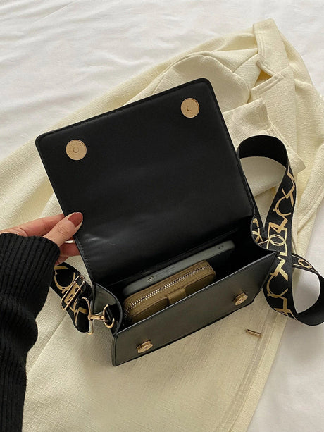 Buy SHEIN Geometric Embossed Flap Square Bag Fashionable Black PU For Daily Life in Pakistan
