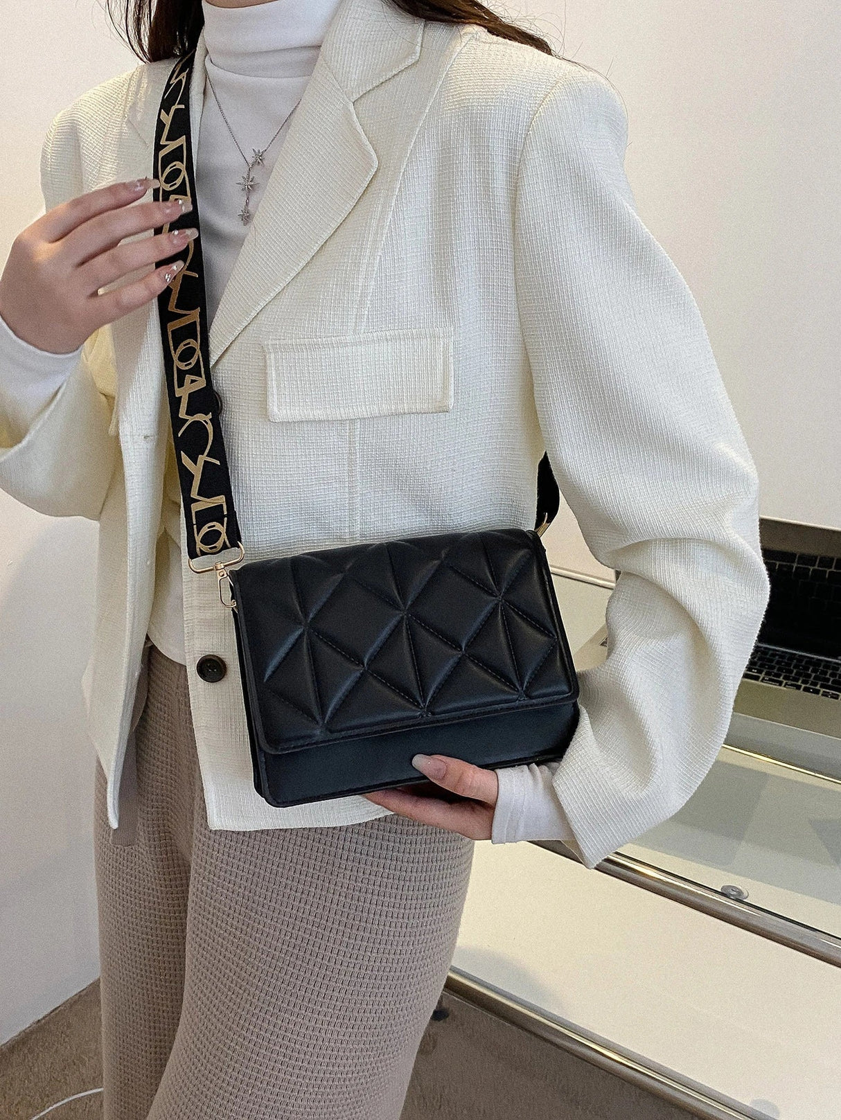 Buy SHEIN Geometric Embossed Flap Square Bag Fashionable Black PU For Daily Life in Pakistan