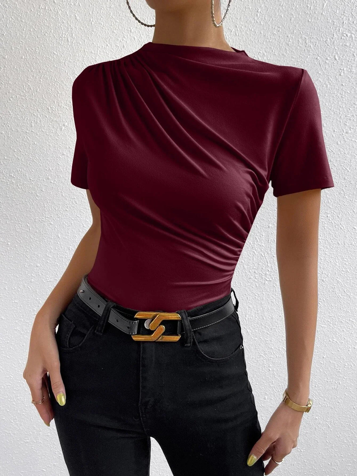 Buy SHEIN Unity Ruched Mock Neck Tee in Pakistan