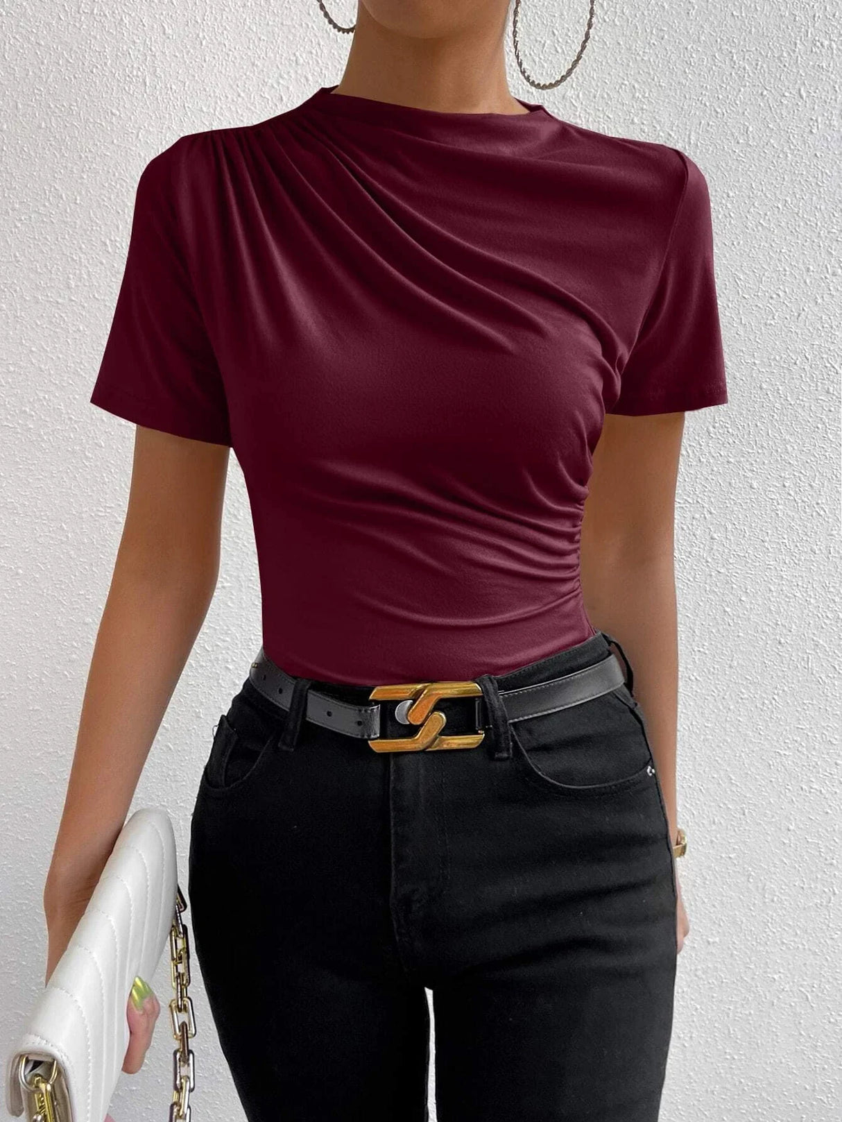 Buy SHEIN Unity Ruched Mock Neck Tee in Pakistan