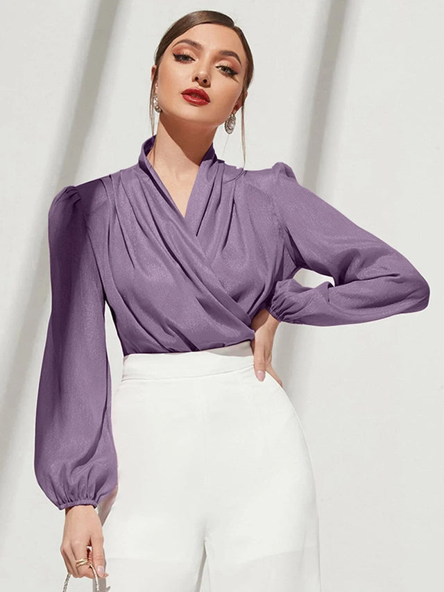 Buy SHEIN Modely Solid Surplice Front Lantern Sleeve Blouse in Pakistan