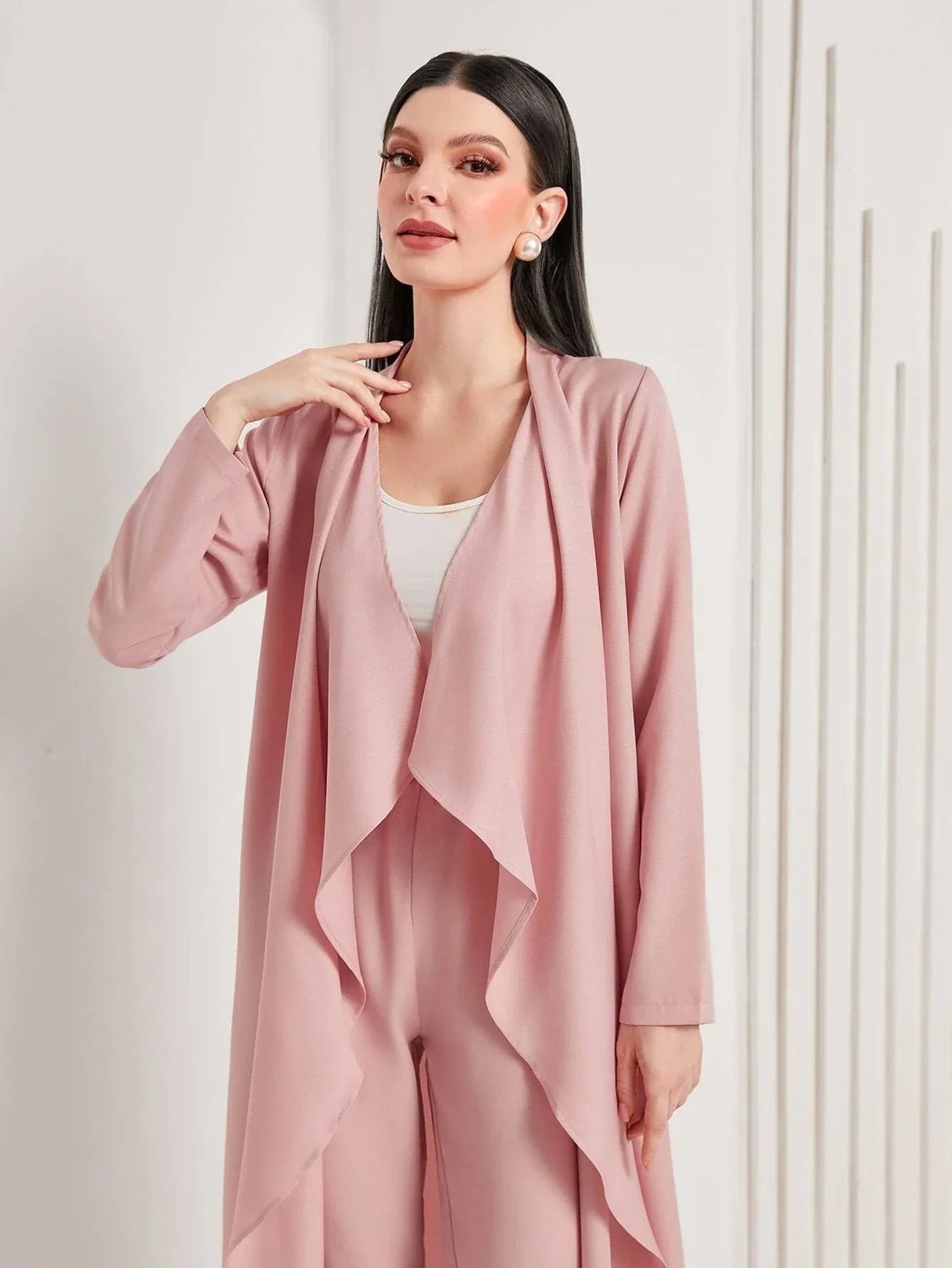 Buy SHEIN Mulvari Waterfall Collar Open Front Coat & Pants in Pakistan