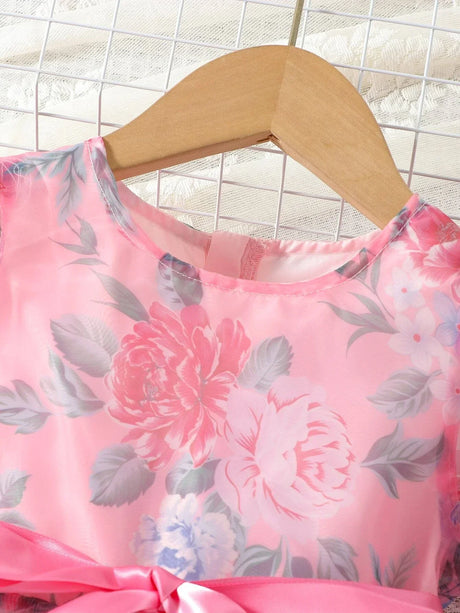 Buy SHEIN Toddler Girls Floral Print Puff Sleeve Ruffle Hem Belted Organza Dress in Pakistan