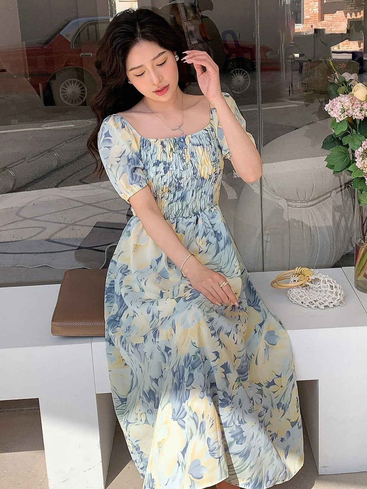 Buy SHEIN DAZY Allover Floral Print Square Neck Puff Sleeve Dress in Pakistan