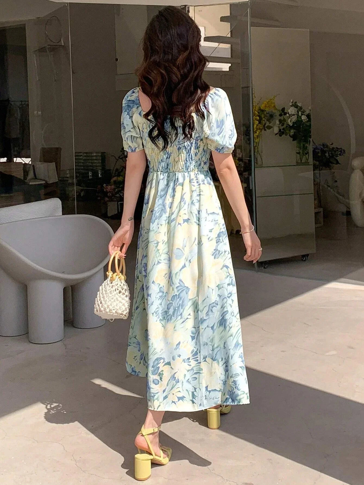 Buy SHEIN DAZY Allover Floral Print Square Neck Puff Sleeve Dress in Pakistan