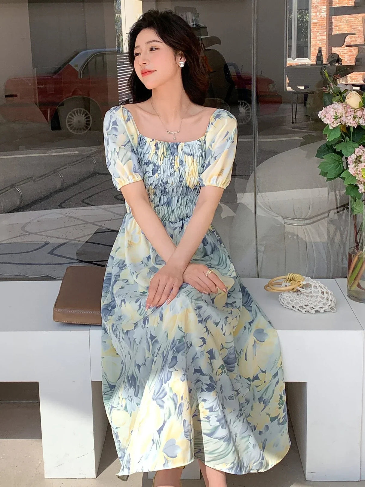Buy SHEIN DAZY Allover Floral Print Square Neck Puff Sleeve Dress in Pakistan