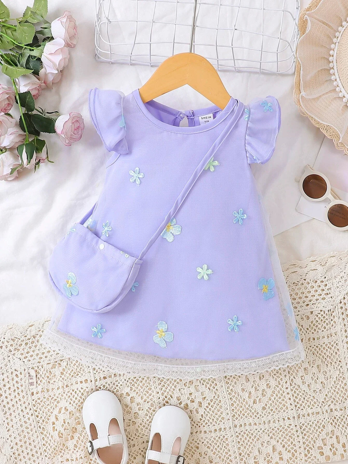 SHEIN Baby Floral Embroidery Butterfly Sleeve Dress – Bechlo.pk