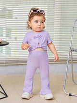 Buy SHEIN Baby Letter Embroidery Lettuce Trim Knot Front Tee & Flare Leg Pants in Pakistan