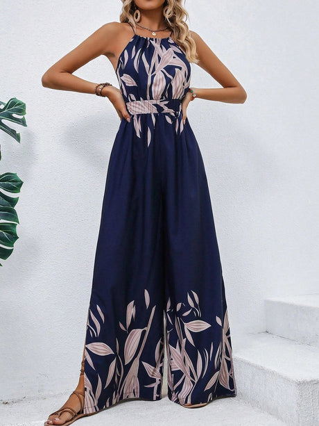 Buy SHEIN VCAY Plants Print Belted Wide Leg Cami Jumpsuit in Pakistan