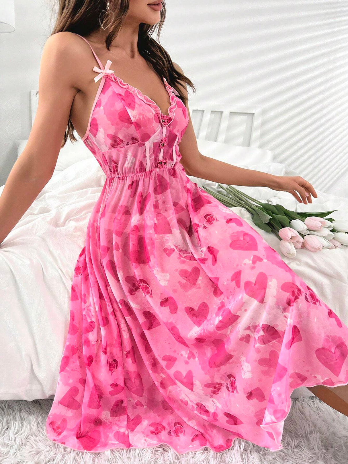Buy SHEIN Heart Print Frill Trim Mesh Cami Nightdress in Pakistan