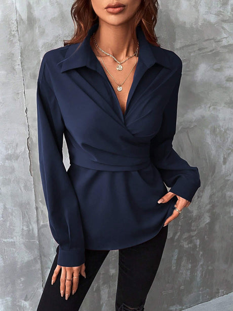 Buy SHEIN Clasi Solid Wrap Cross Tie Back Blouse in Pakistan