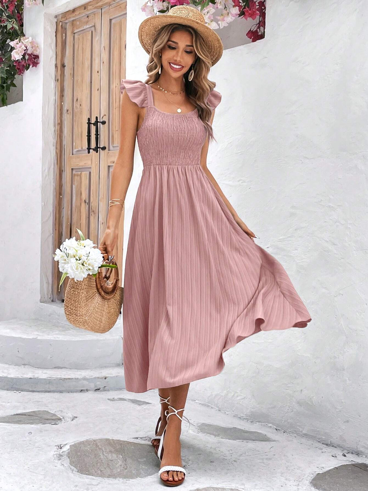 Buy SHEIN Frenchy Solid Ruffle Trim A-line Dress in Pakistan