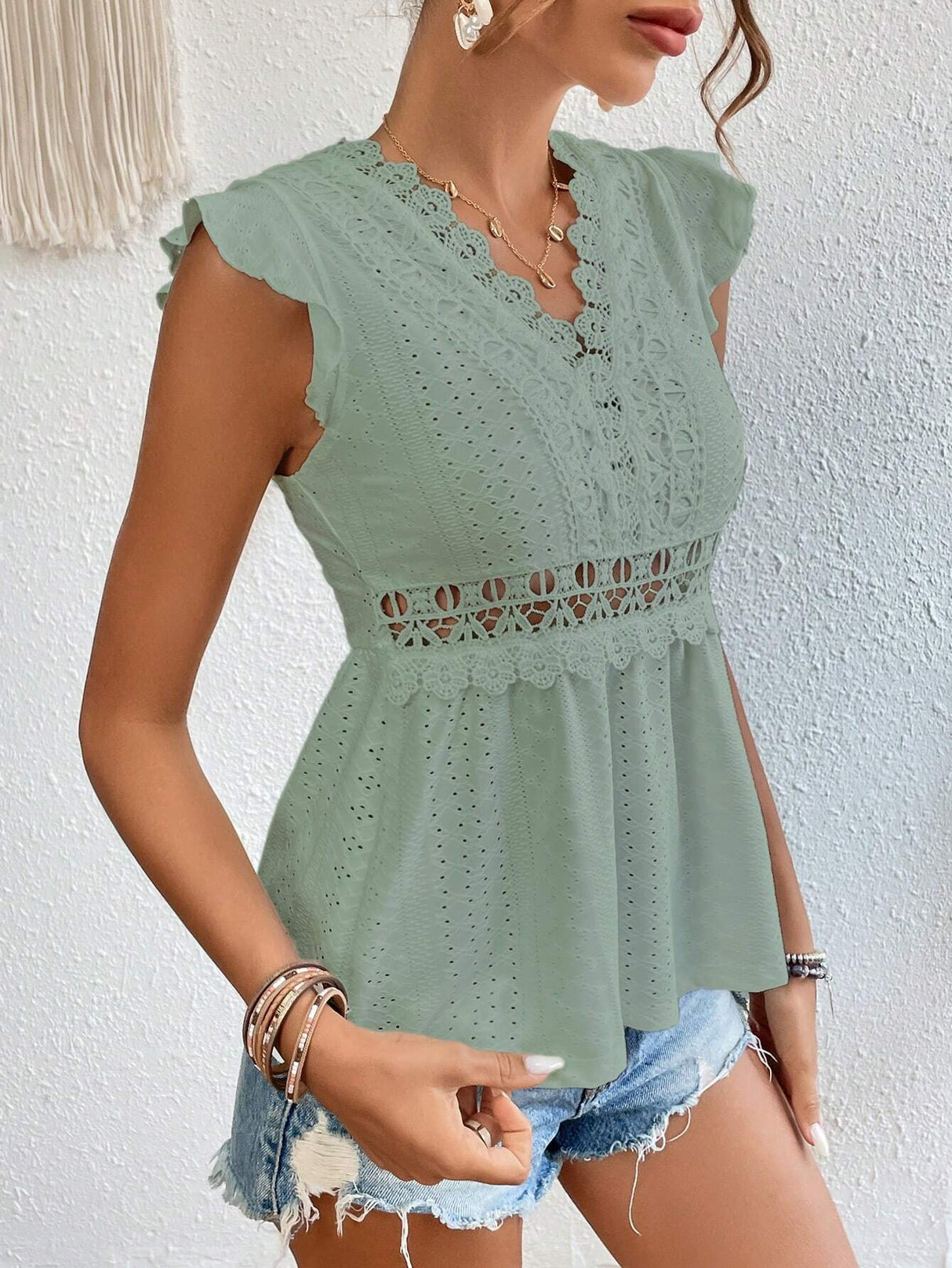 Buy SHEIN Frenchy Guipure Lace Panel Butterfly Sleeve Peplum Schiffy Tee in Pakistan