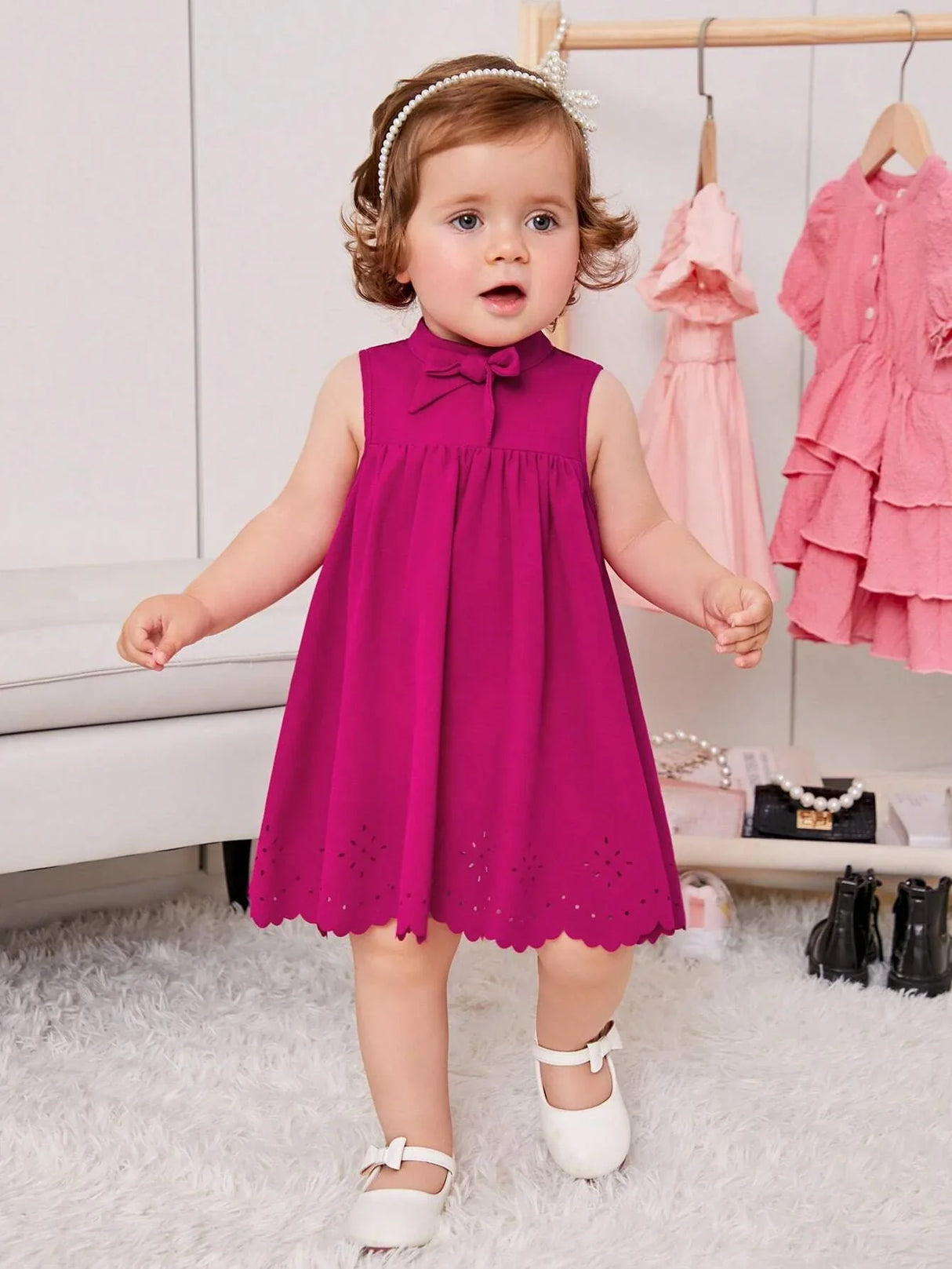 Buy SHEIN Baby Bow Front Laser Cut Out Scallop Trim Dress in Pakistan