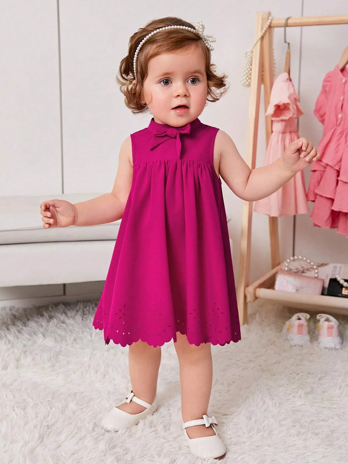 Buy SHEIN Baby Bow Front Laser Cut Out Scallop Trim Dress in Pakistan