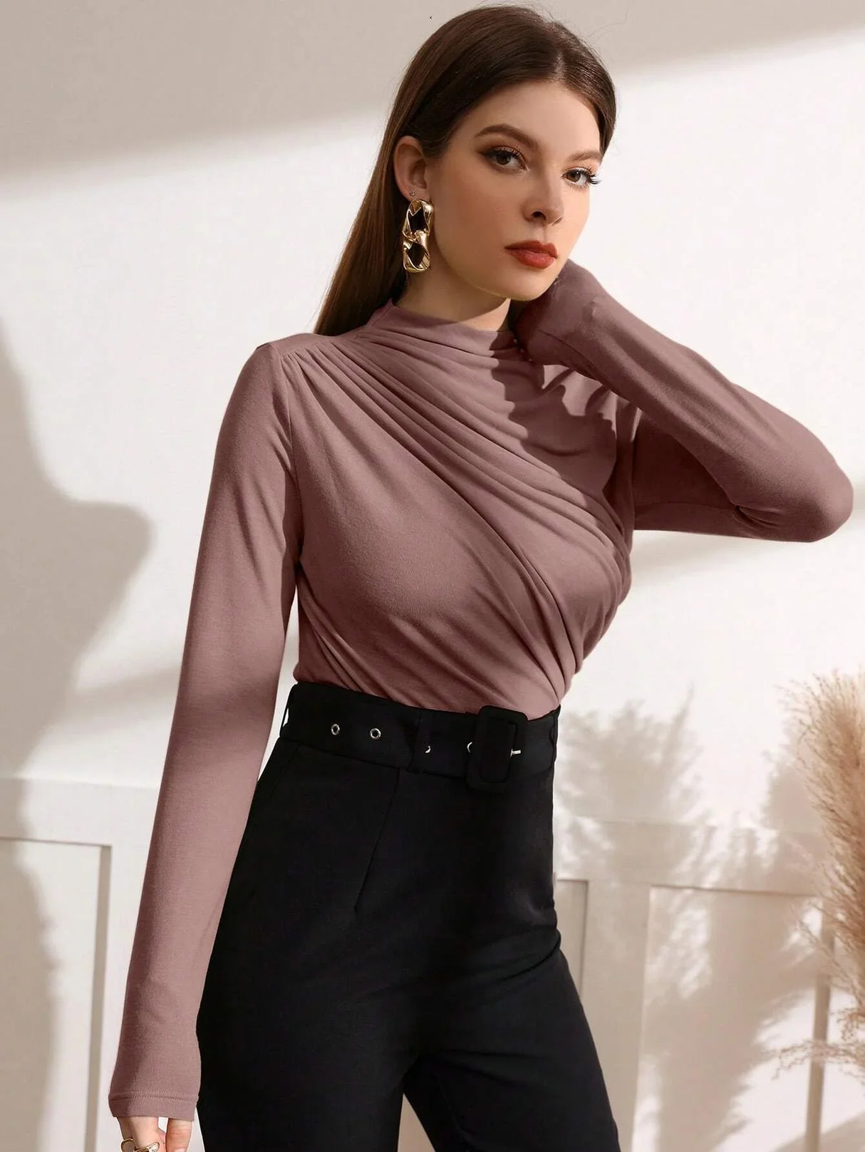 Buy SHEIN Modely Mock Neck Ruched Tee in Pakistan