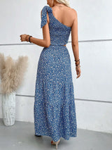 Buy SHEIN VCAY Ditsy Floral Print One Shoulder Top & Split Thigh Skirt in Pakistan