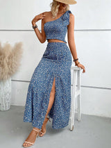 Buy SHEIN VCAY Ditsy Floral Print One Shoulder Top & Split Thigh Skirt in Pakistan