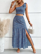Buy SHEIN VCAY Ditsy Floral Print One Shoulder Top & Split Thigh Skirt in Pakistan