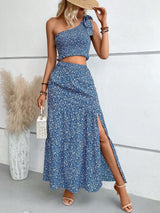 Buy SHEIN VCAY Ditsy Floral Print One Shoulder Top & Split Thigh Skirt in Pakistan