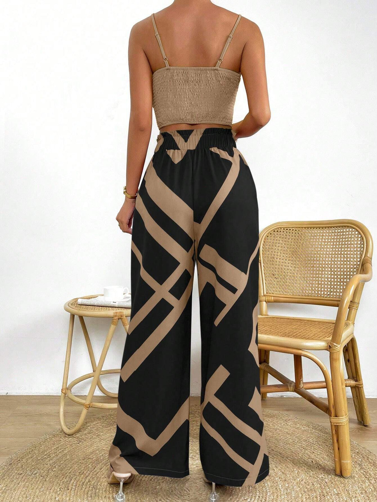 Buy SHEIN Privé Solid Cami Top & Geo Print Knot Front Wide Leg Pants in Pakistan