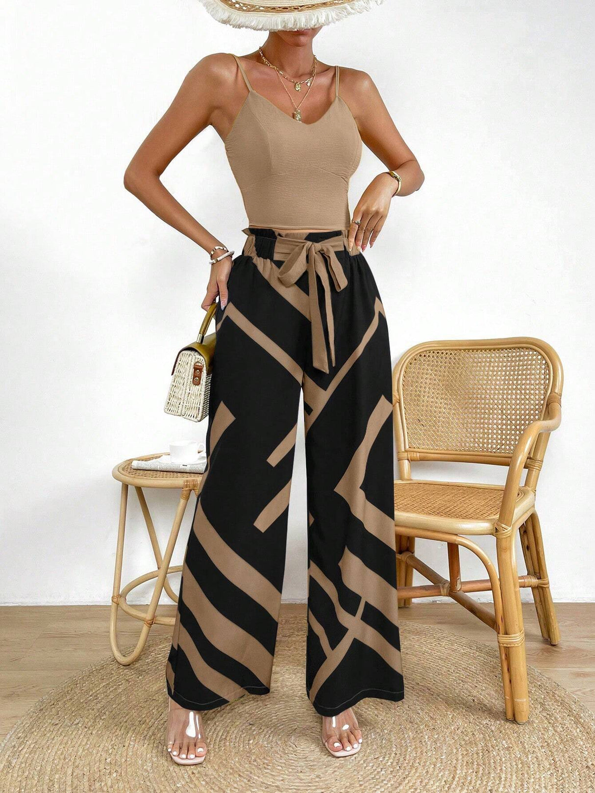 Buy SHEIN Privé Solid Cami Top & Geo Print Knot Front Wide Leg Pants in Pakistan
