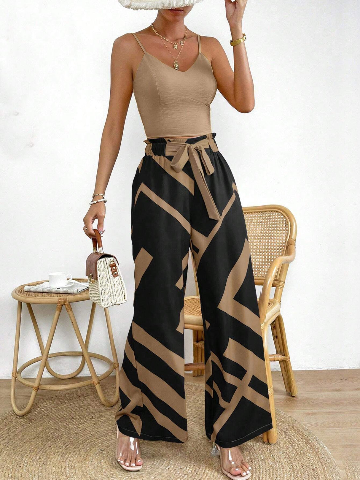 Buy SHEIN Privé Solid Cami Top & Geo Print Knot Front Wide Leg Pants in Pakistan