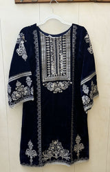 Fabrizo |Blue Velvet Kurta | Women Branded Kurta | Medium | Worn Once