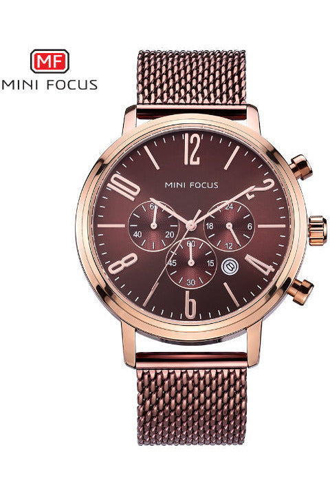 Buy Mini Focus Rose Gold Stainless Steel Mesh Brown Dial Quartz Watch for Gents- MF0322G-06 in Pakistan