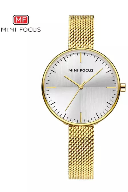 Buy Mini Focus Gold Stainless Steel Mesh Silver Dial Quartz Watch for Ladies- MF0275L-05 in Pakistan